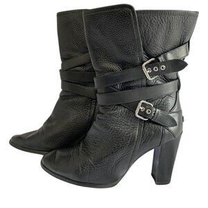 COACH ALEXANDRA BLACK CRACKED LEATHER HEELED STRAPPY BOOTS - 9B